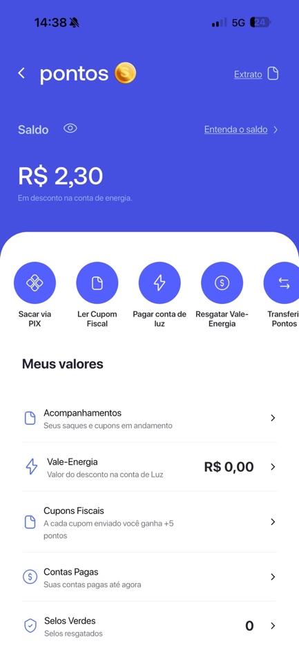 Tela de Pontos Soul no app Soul Up